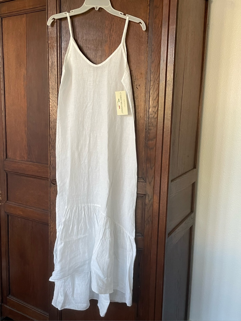 S: Terzo Millennio Pure Italian Linen White Slip Dress Tiered Ruffle Trim NWT